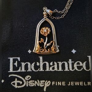 LIKE NEW Enchanted Disney Diamond Accent Belle Rose Jar Pendant Necklace